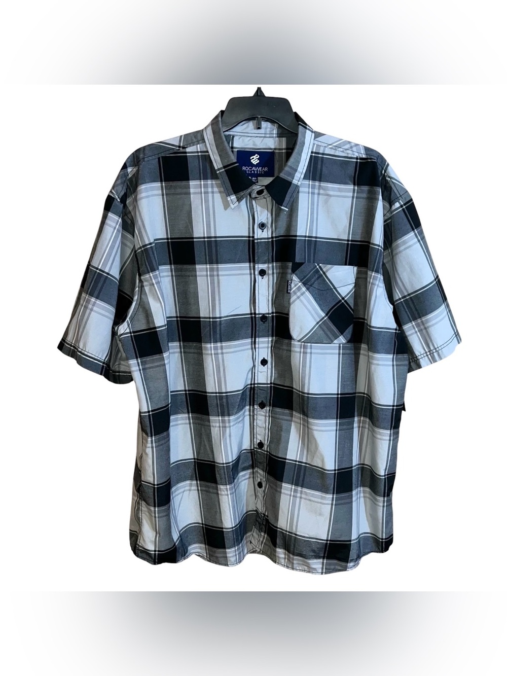 Rocawear Classic Button Front Short Sleeve Shirt Men’s 4XB Black Grey Plaids